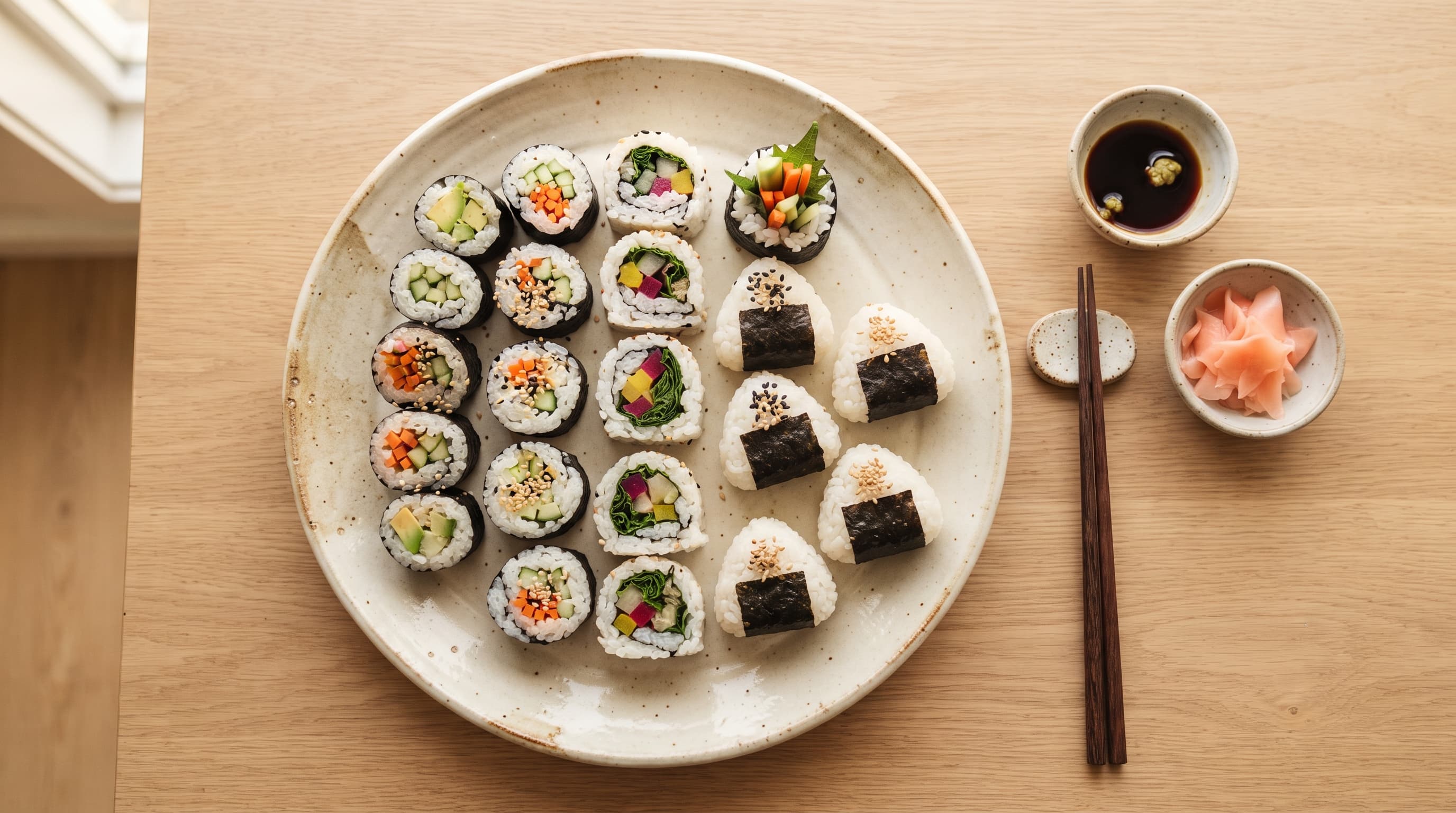 A platter of assorted homemade sushi rolls and rice balls