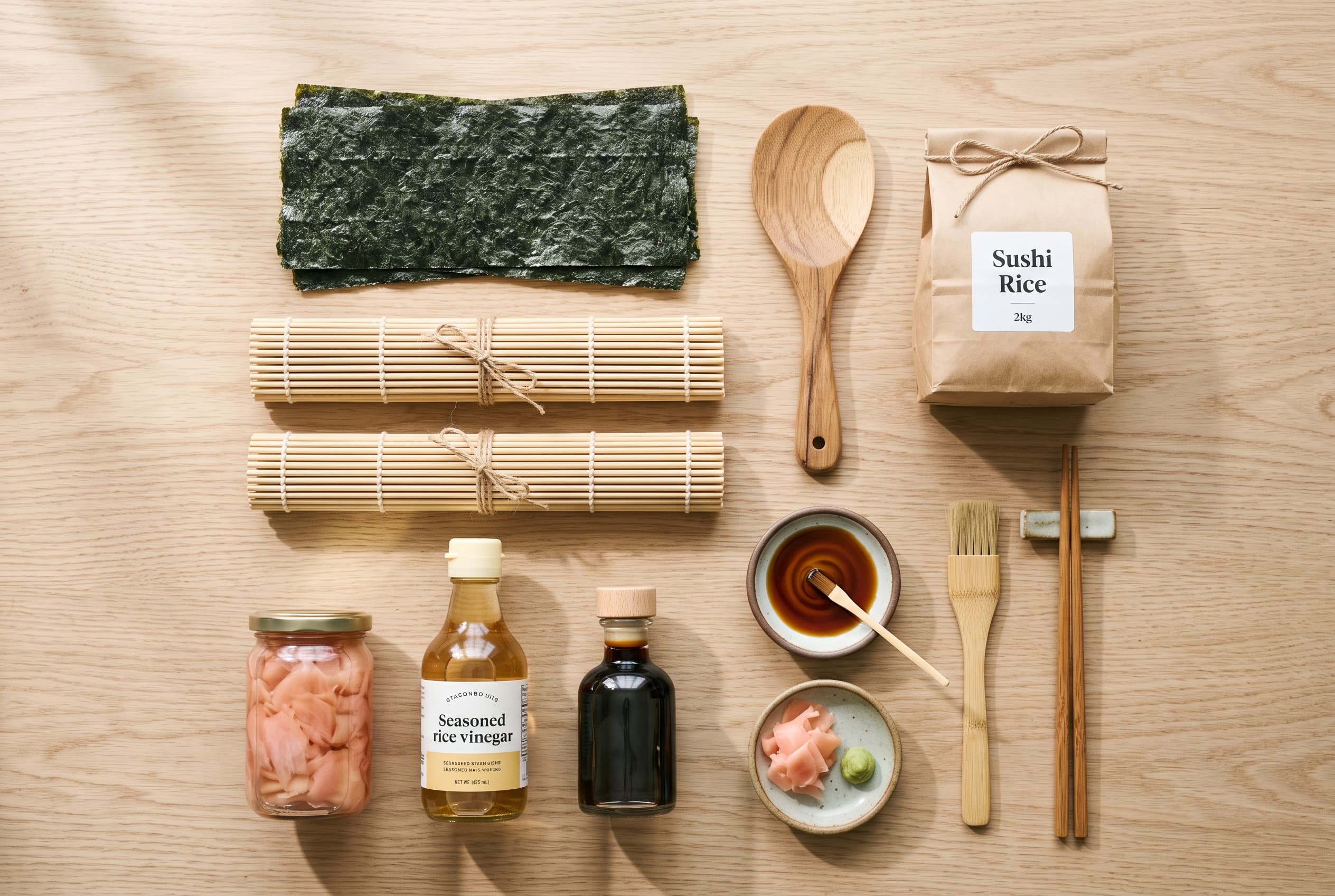 A complete home sushi kit laid out flat: mats, paddle, nori, rice and seasoning