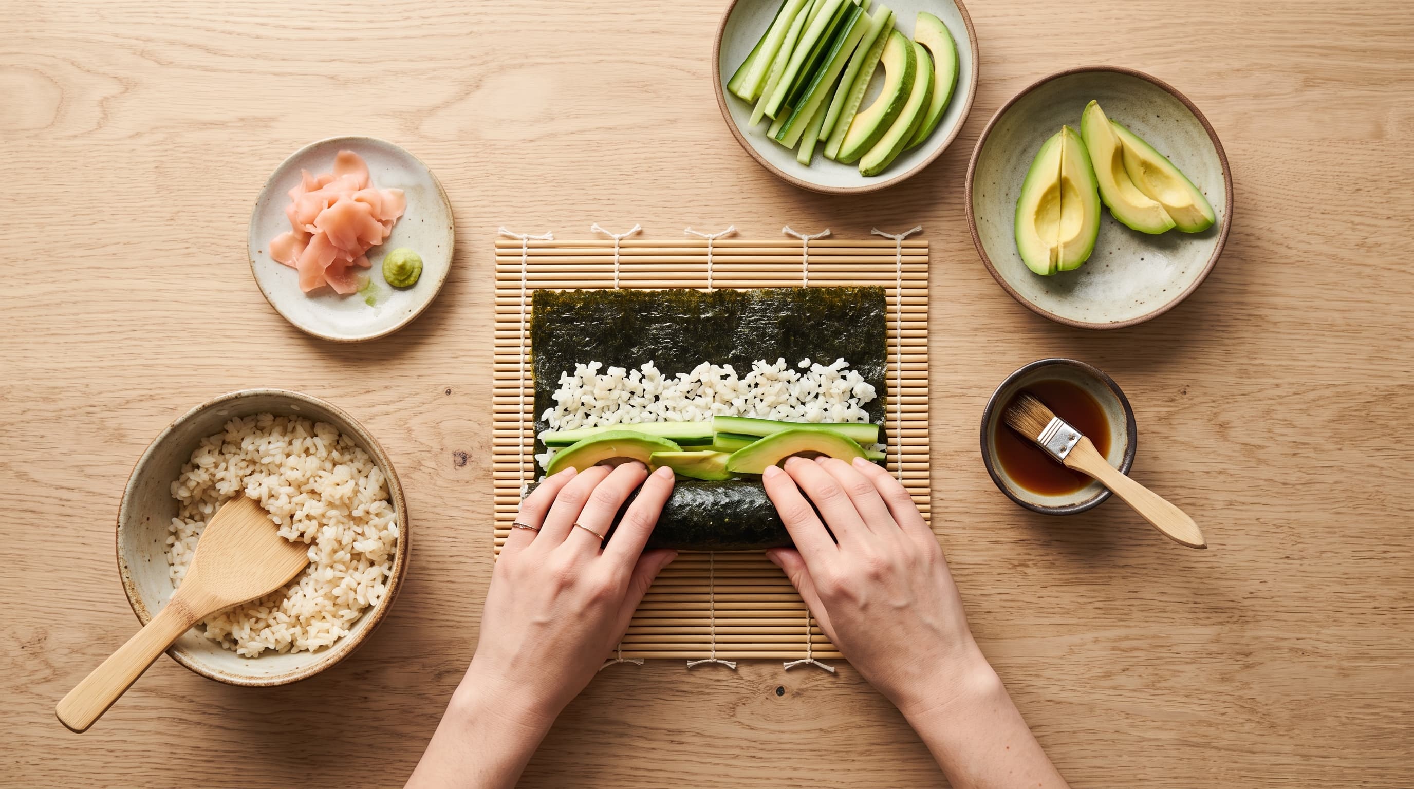 Hands rolling a fresh vegetable sushi roll on a bamboo mat
