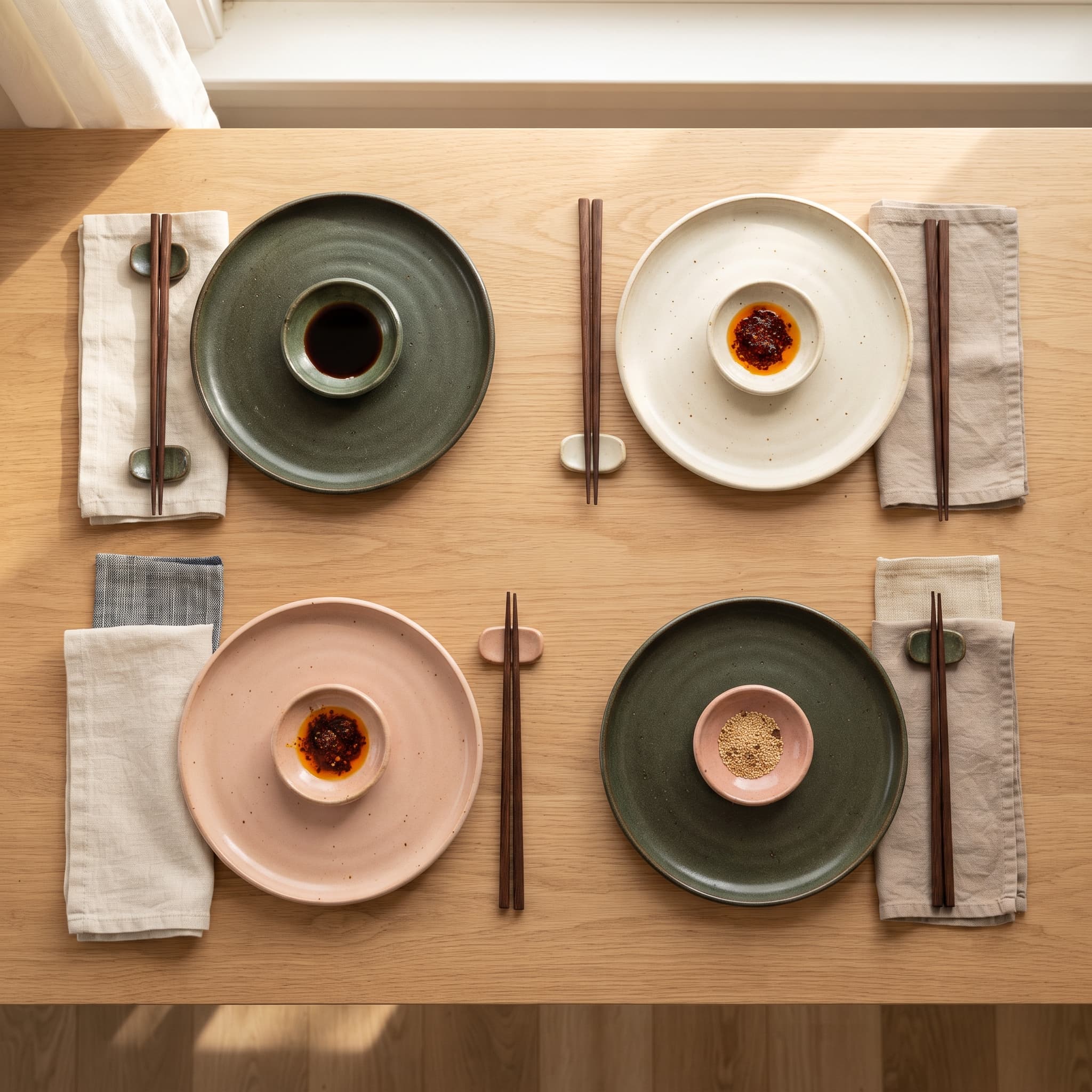 Ceramic Tableware Set (for 4) — Dinner plates ×4, Dipping dishes ×4, Chopsticks ×8