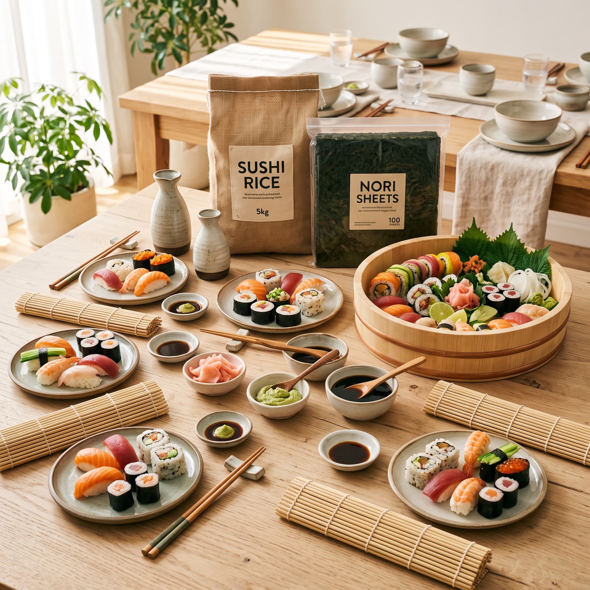 Family Roll Party Kit (serves 6) — Bamboo mats ×4, Ceramic plates ×6, Dipping dishes ×6