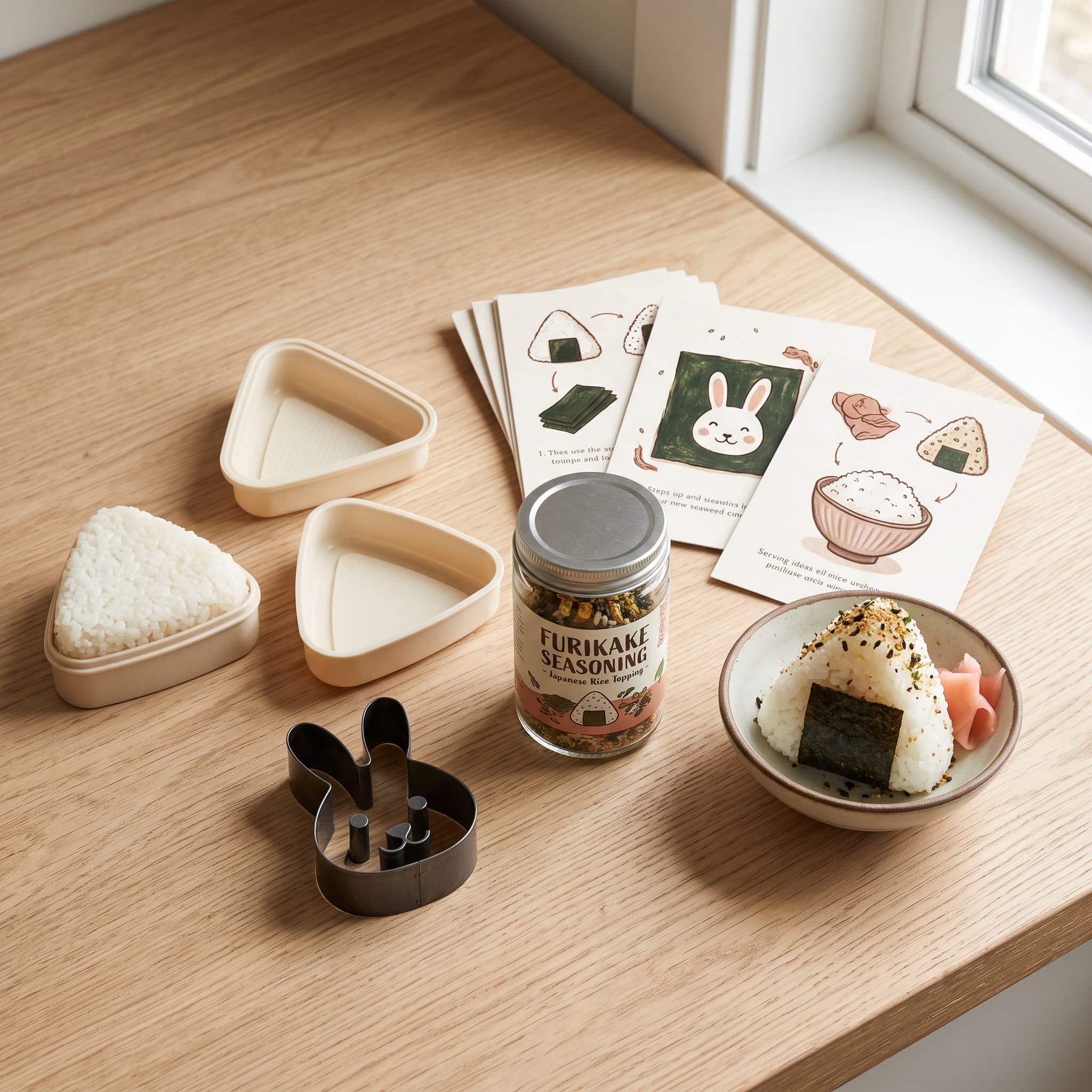 Onigiri Rice Ball Kit — Triangle rice ball molds ×3, Nori punch cutter, Furikake seasoning