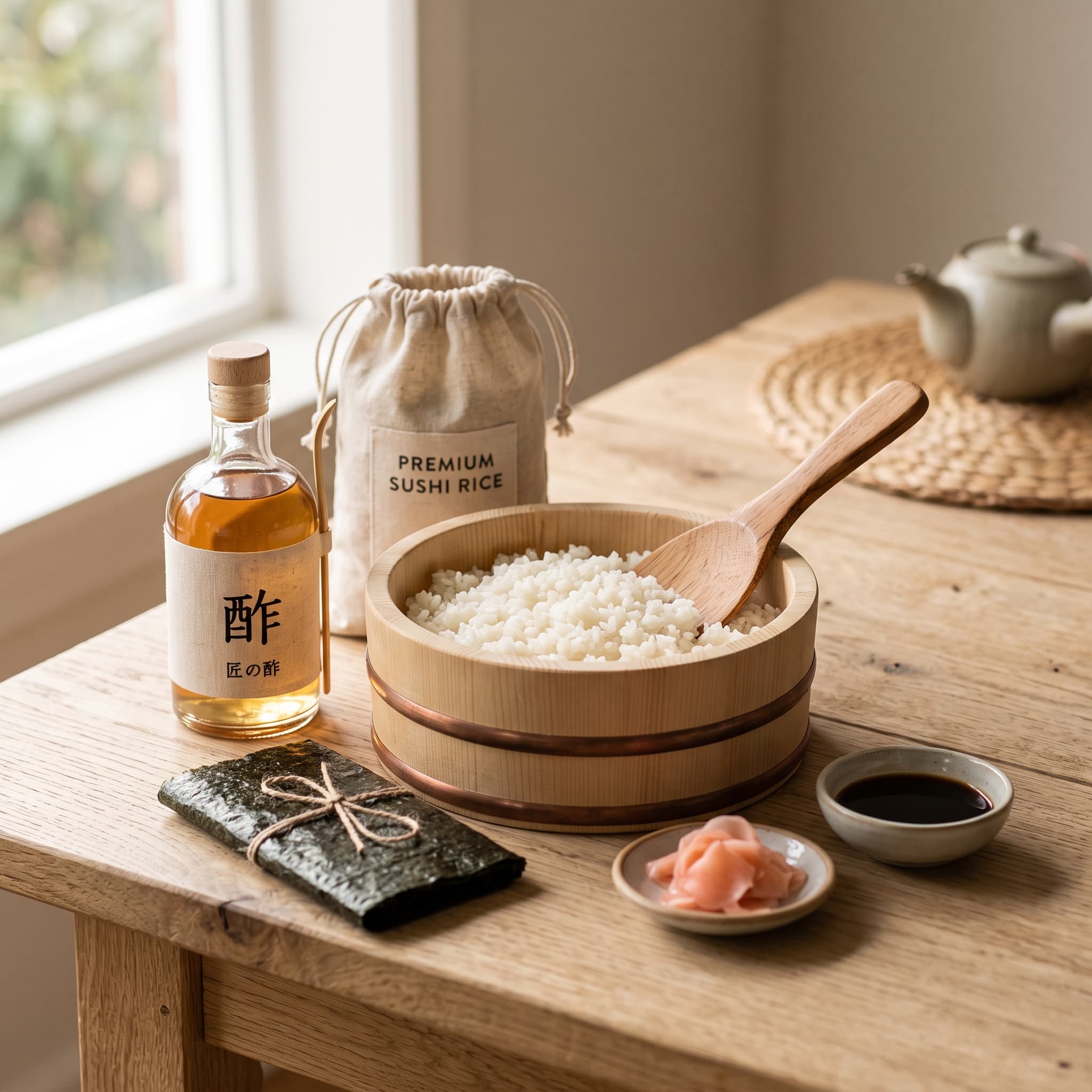 Rice & Vinegar Craft Kit — Premium short-grain rice, Seasoned sushi vinegar, Wooden hangiri-style tub