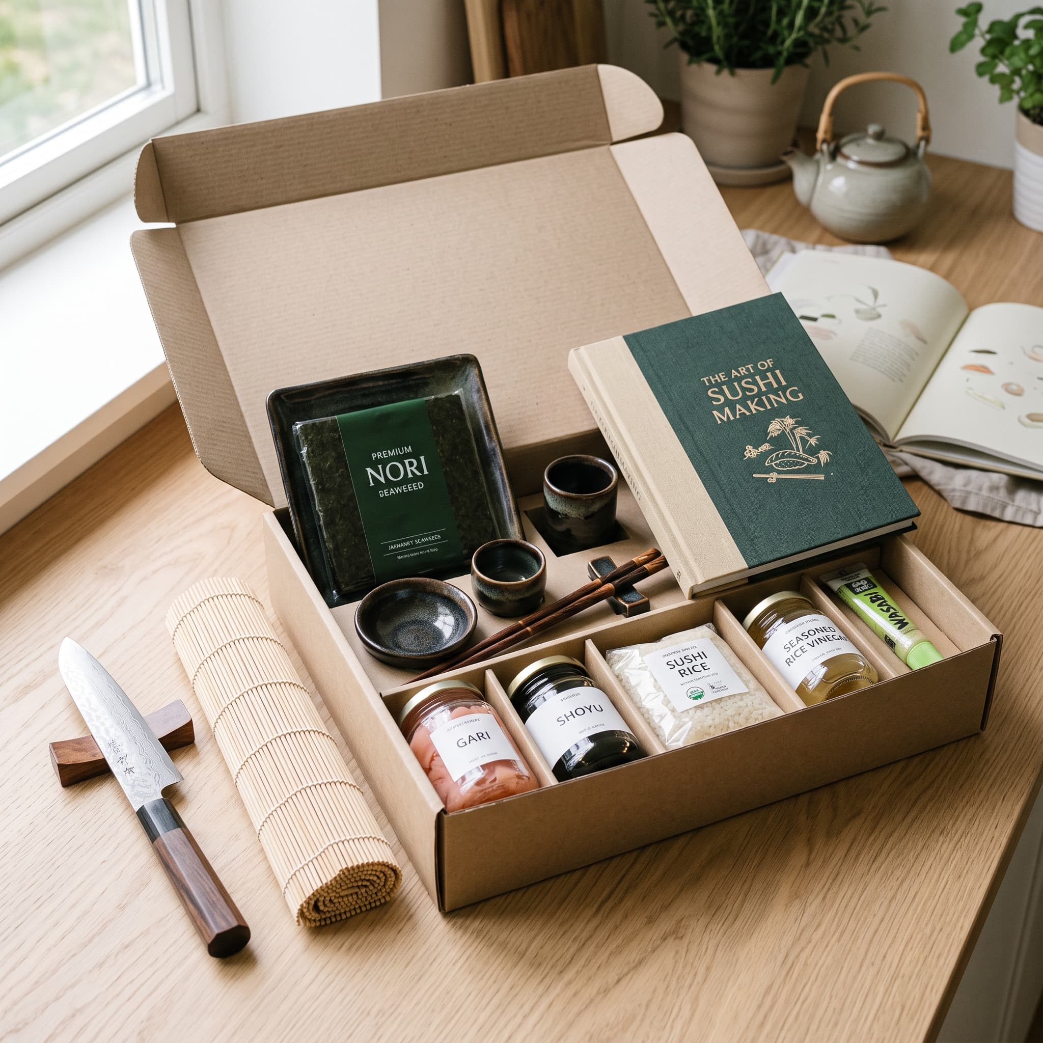 The Roll Master Boxed Set — Premium bamboo mat, Sushi knife, Ceramic tableware