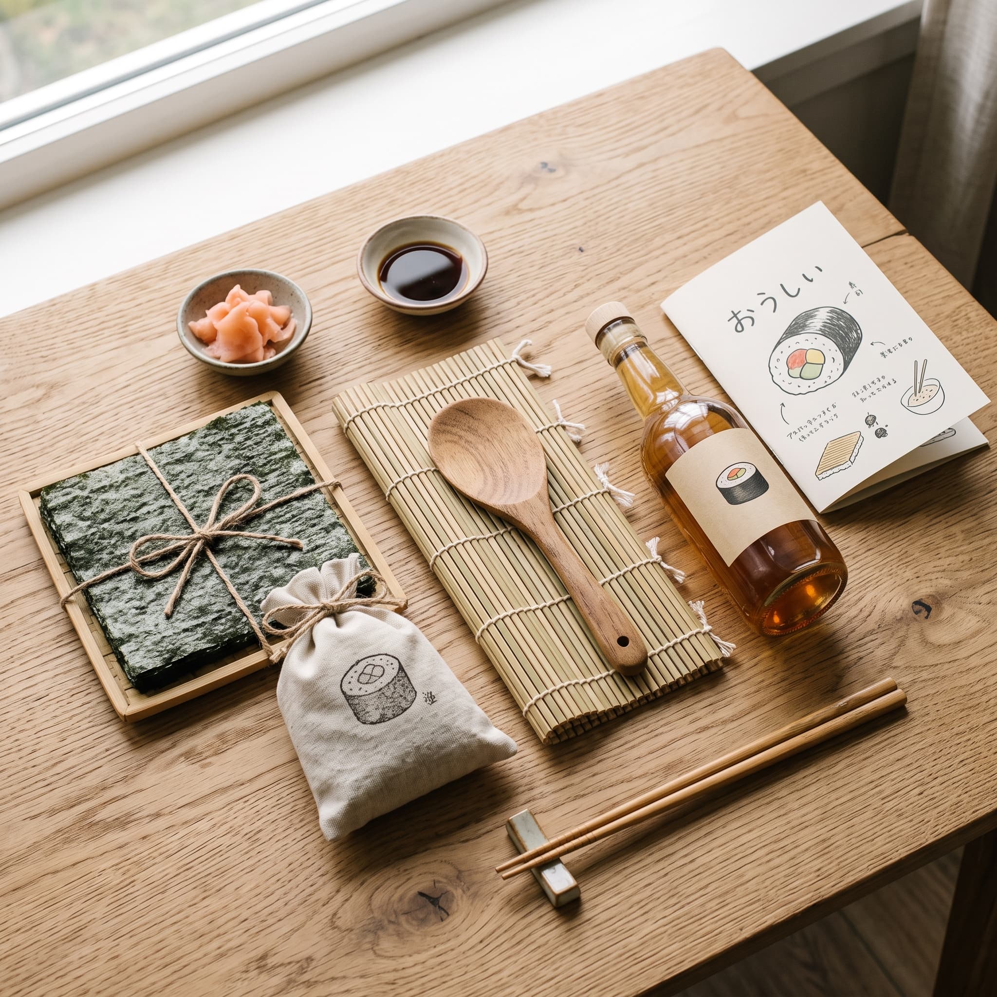 Starter Roll Kit — Bamboo rolling mat ×1, Wooden rice paddle, 10 nori sheets