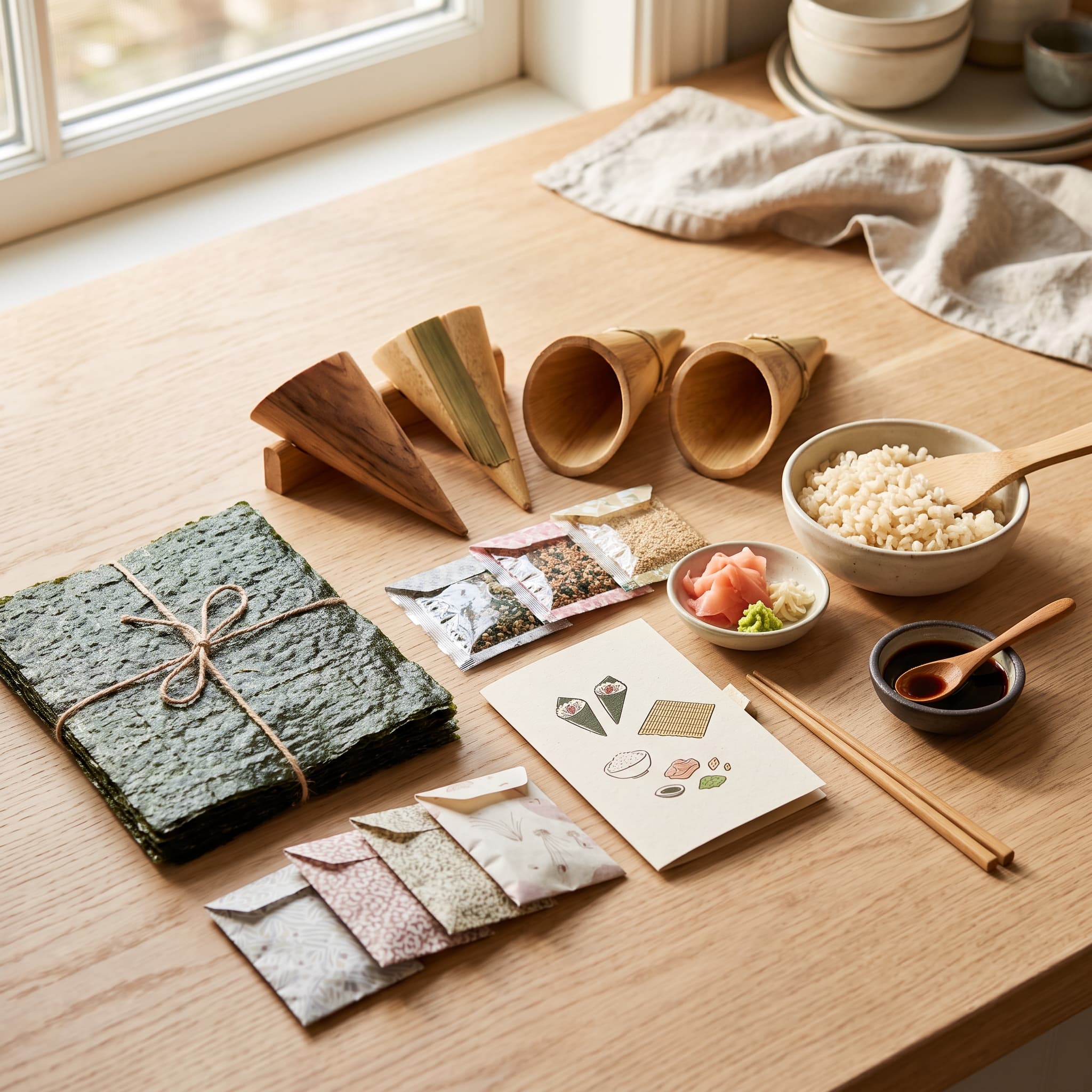 Temaki Hand-Roll Cone Kit — Cone hand-roll molds ×4, Nori sheets, Seasoning