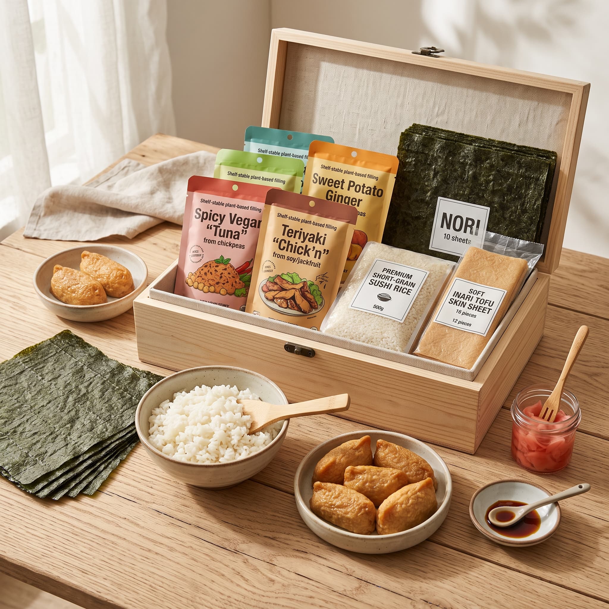 Vegan Sushi Pantry Box — Shelf-stable plant-based fillings, Nori sheets, Sushi rice
