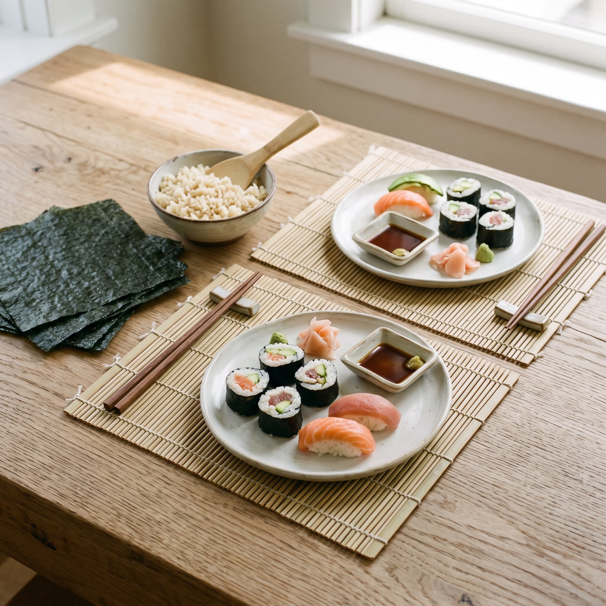Weekend Sushi Night for Two — Bamboo mats ×2, Chopsticks ×2 pairs, Ceramic plates ×2