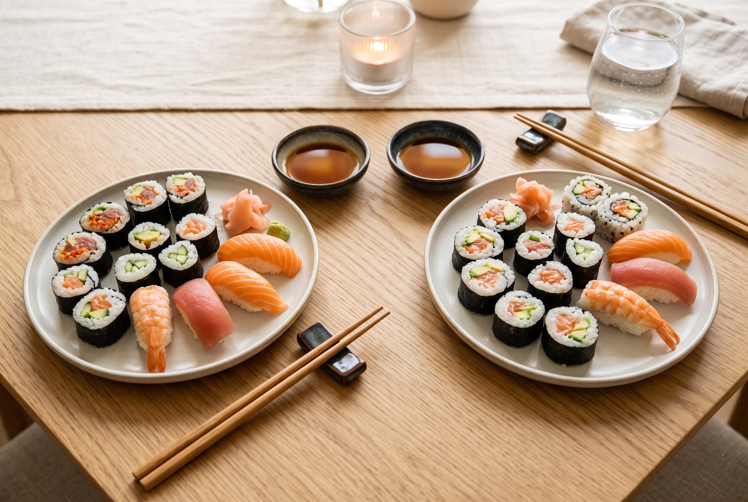 A cozy date-night table with two plates of homemade sushi