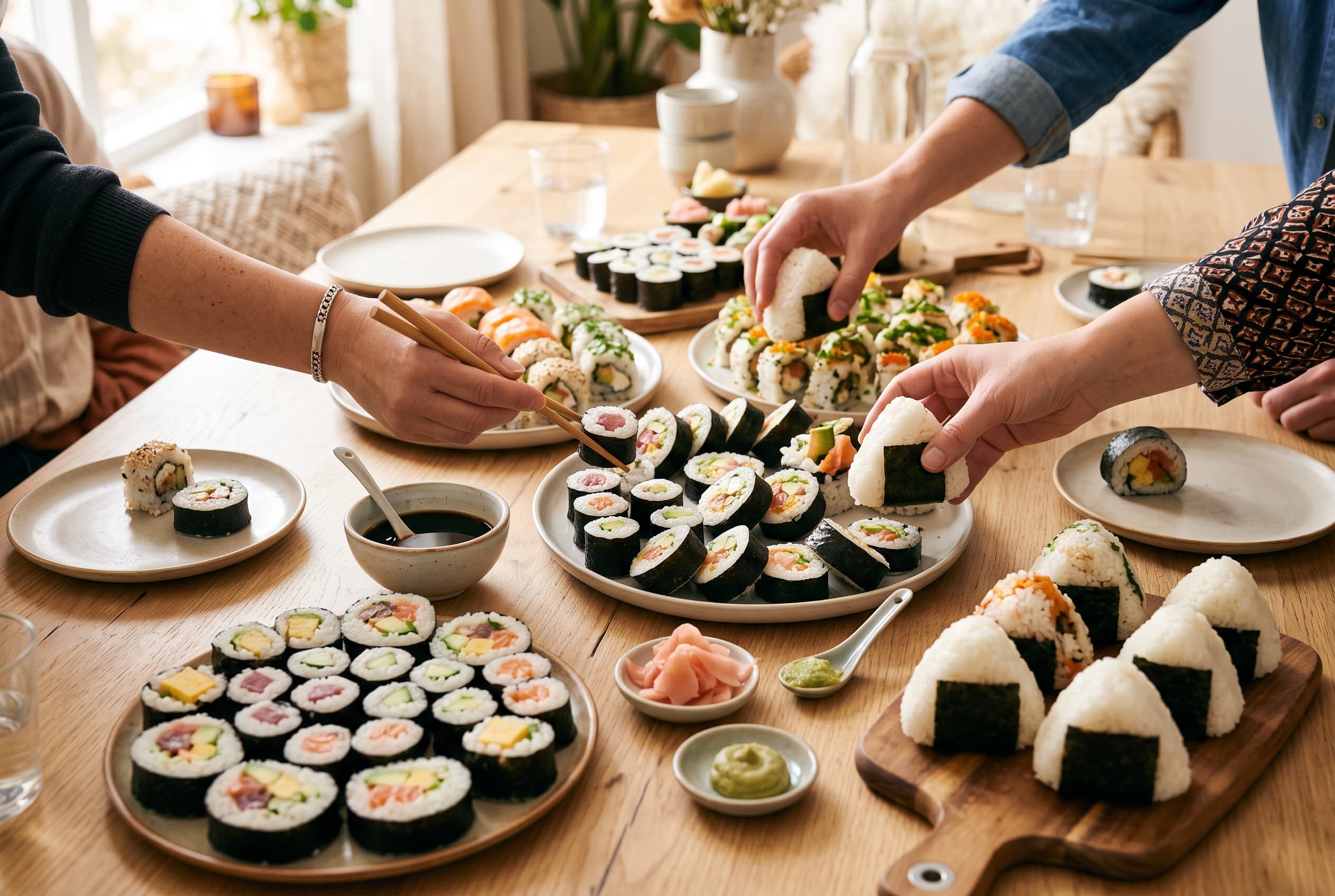 A family party table spread with plates of homemade sushi
